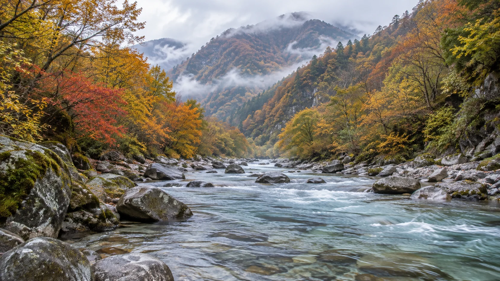 山あいの温泉地を流れる川と秋の木々