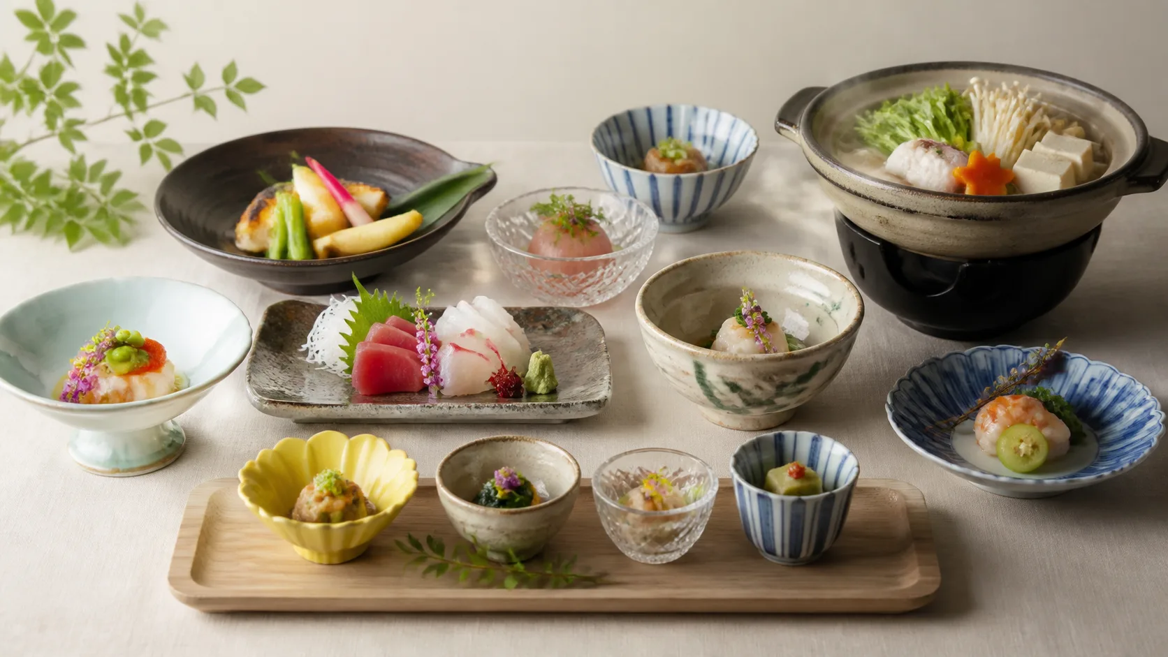 季節の和食会席と四季彩鍋を味わう夕食のイメージ
