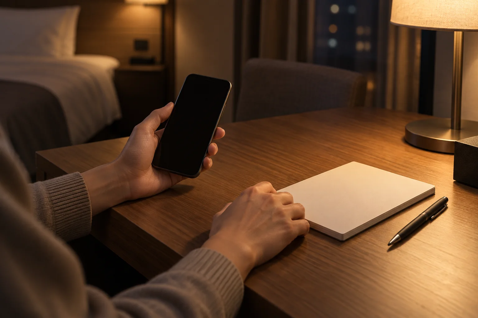 ホテル客室のデスクでスマートフォンを見ながら考える手元のイメージ