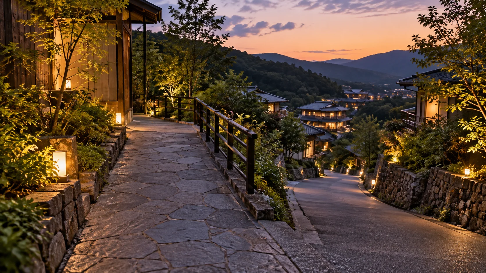 夕暮れの温泉地で屋外の連絡通路と坂道を写した風景