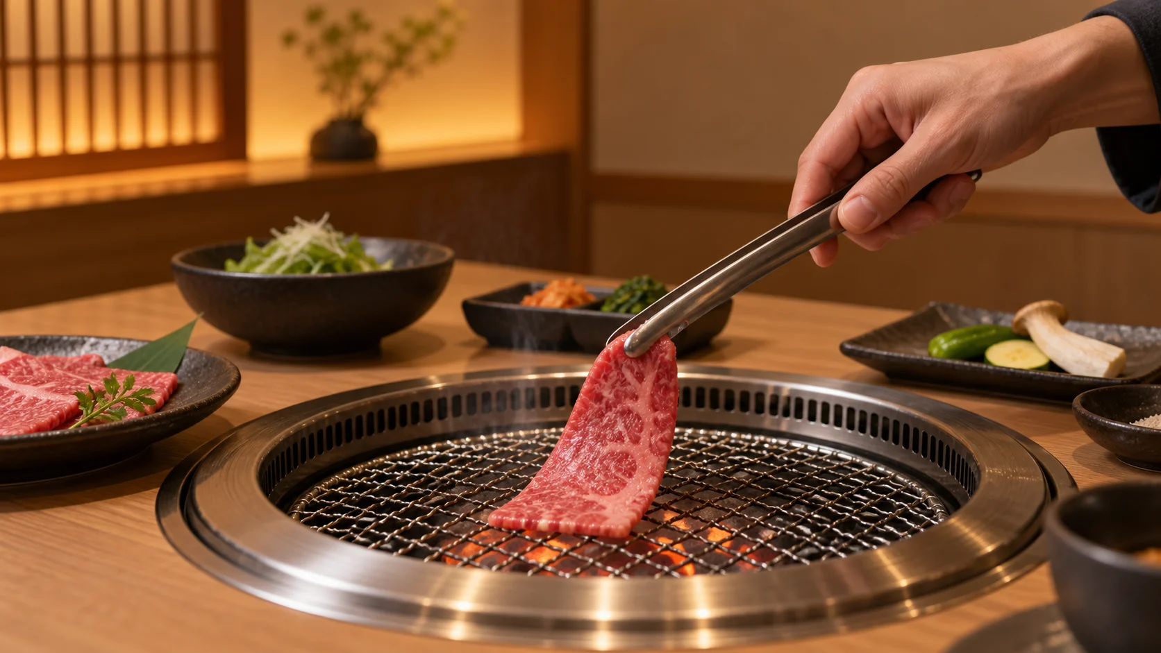 個室の焼肉店で肉を網にのせる手元