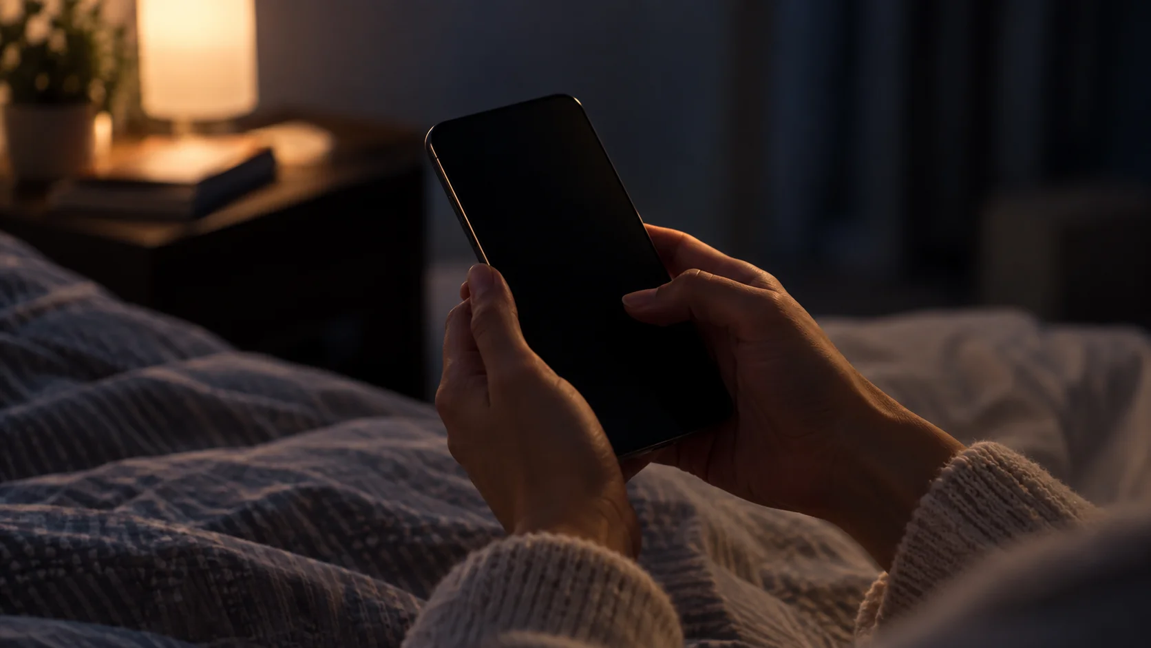 暗い部屋で枕元のスマートフォンを見る手元のイメージ