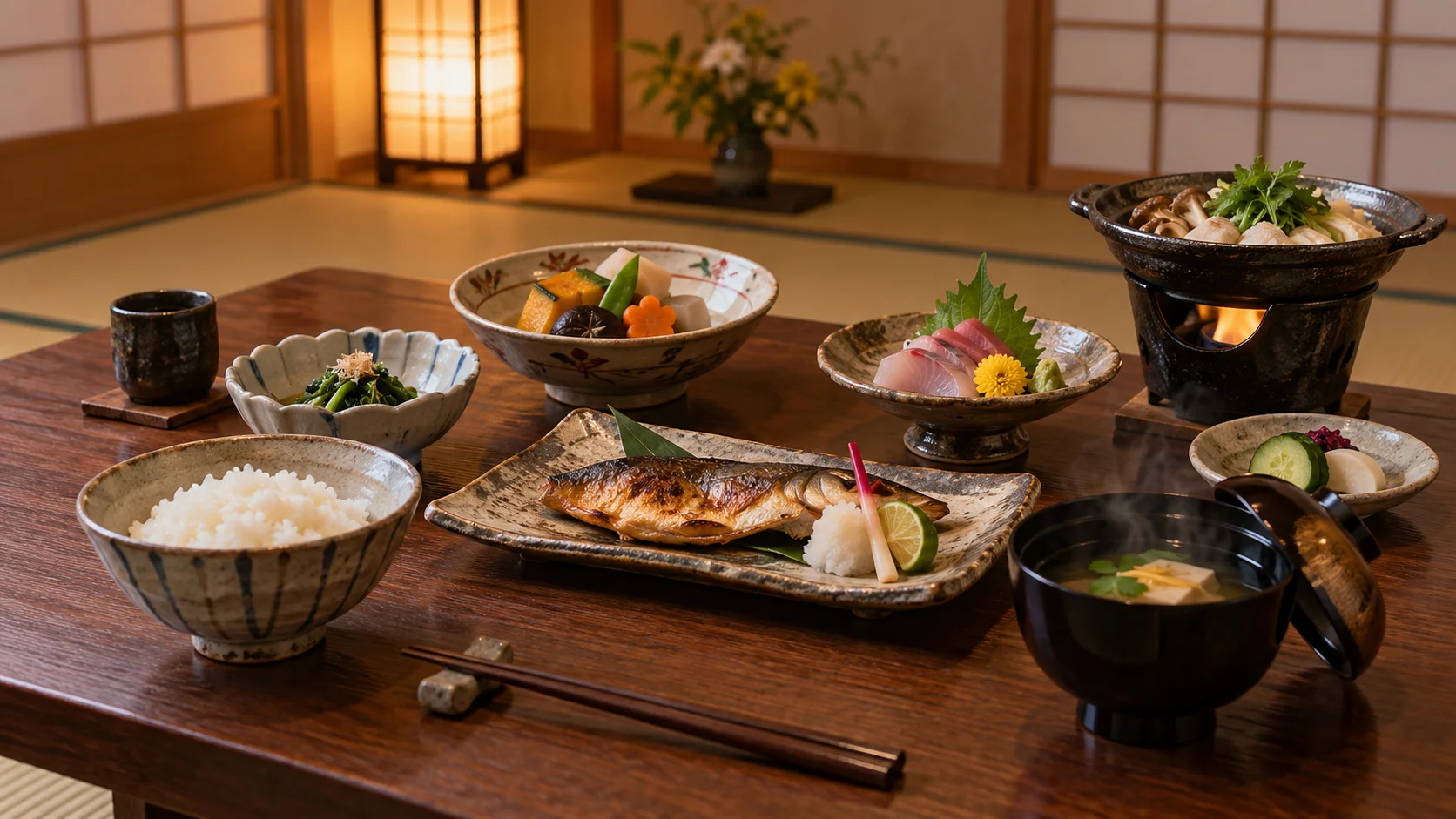 旅館の客室に並べられた夕食の会席料理