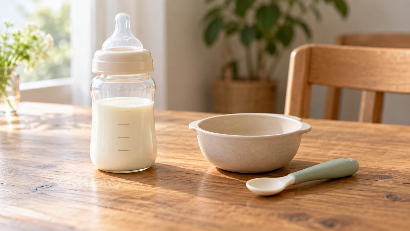 木のテーブルに並んだ哺乳瓶と子ども用の食器