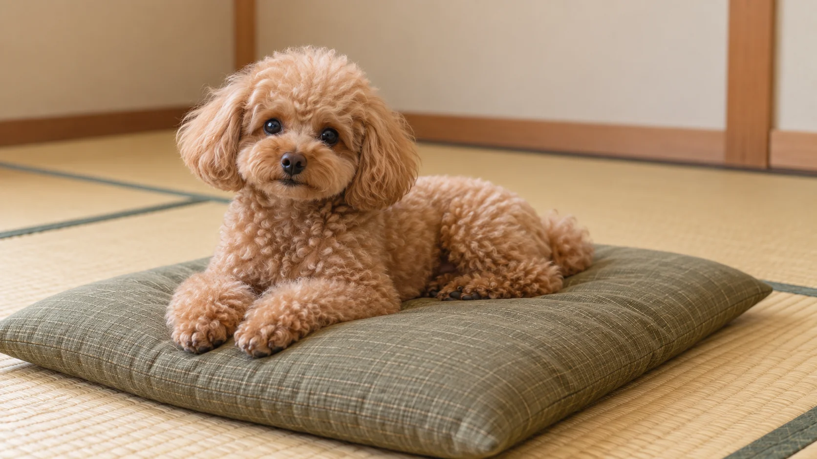 畳の部屋で座布団の上に座る小さな犬