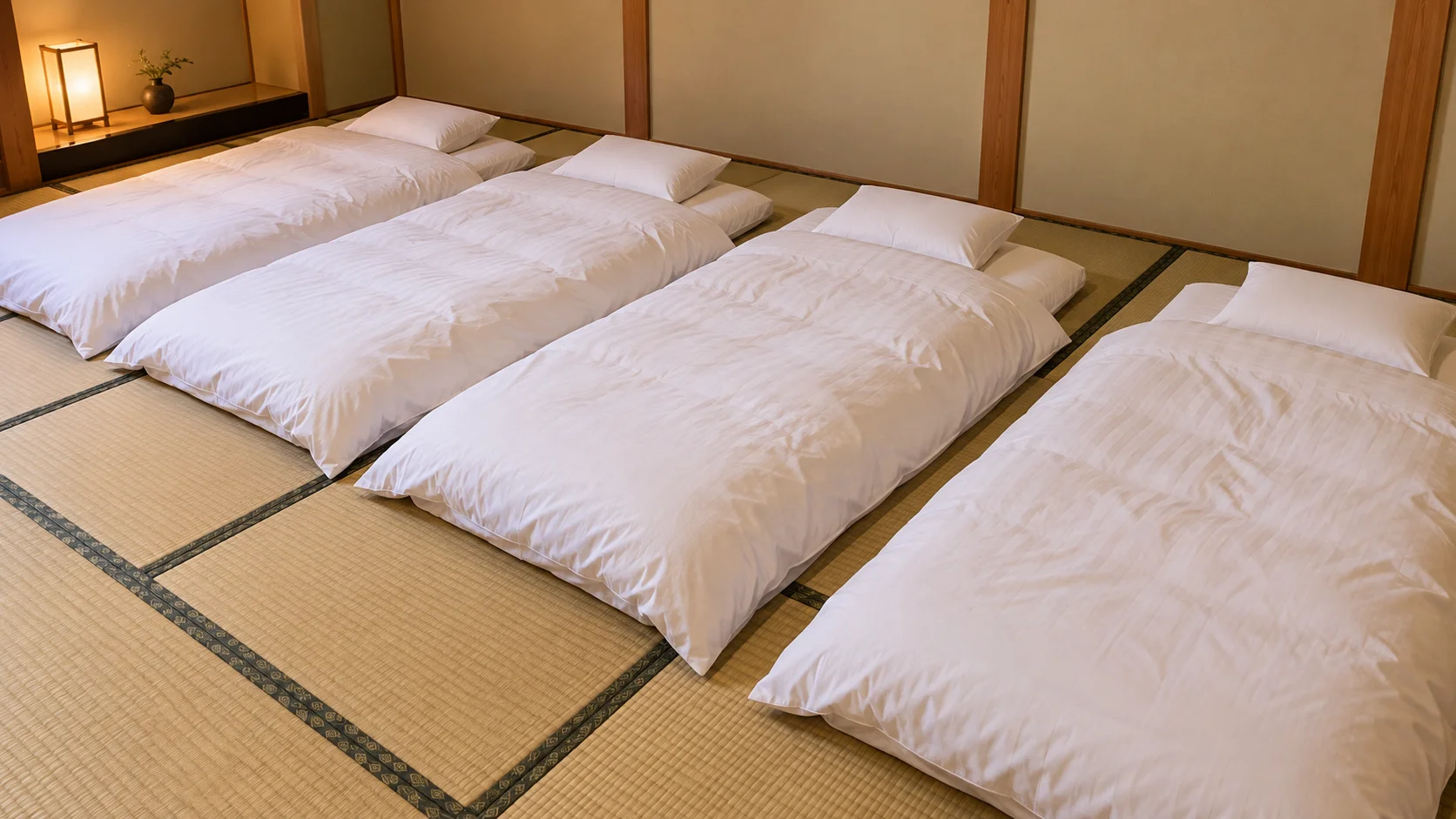畳の和室に4組の布団が並んで敷かれた様子
