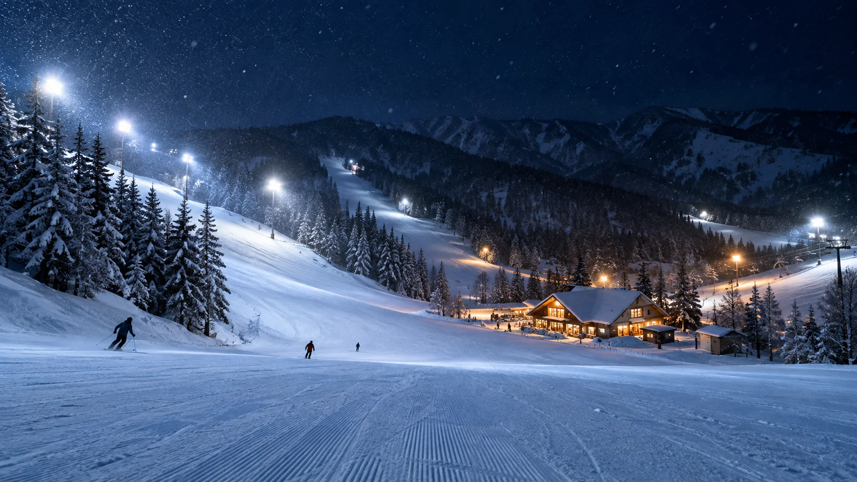 雪の夜にナイター照明がともるゲレンデと宿の明かり