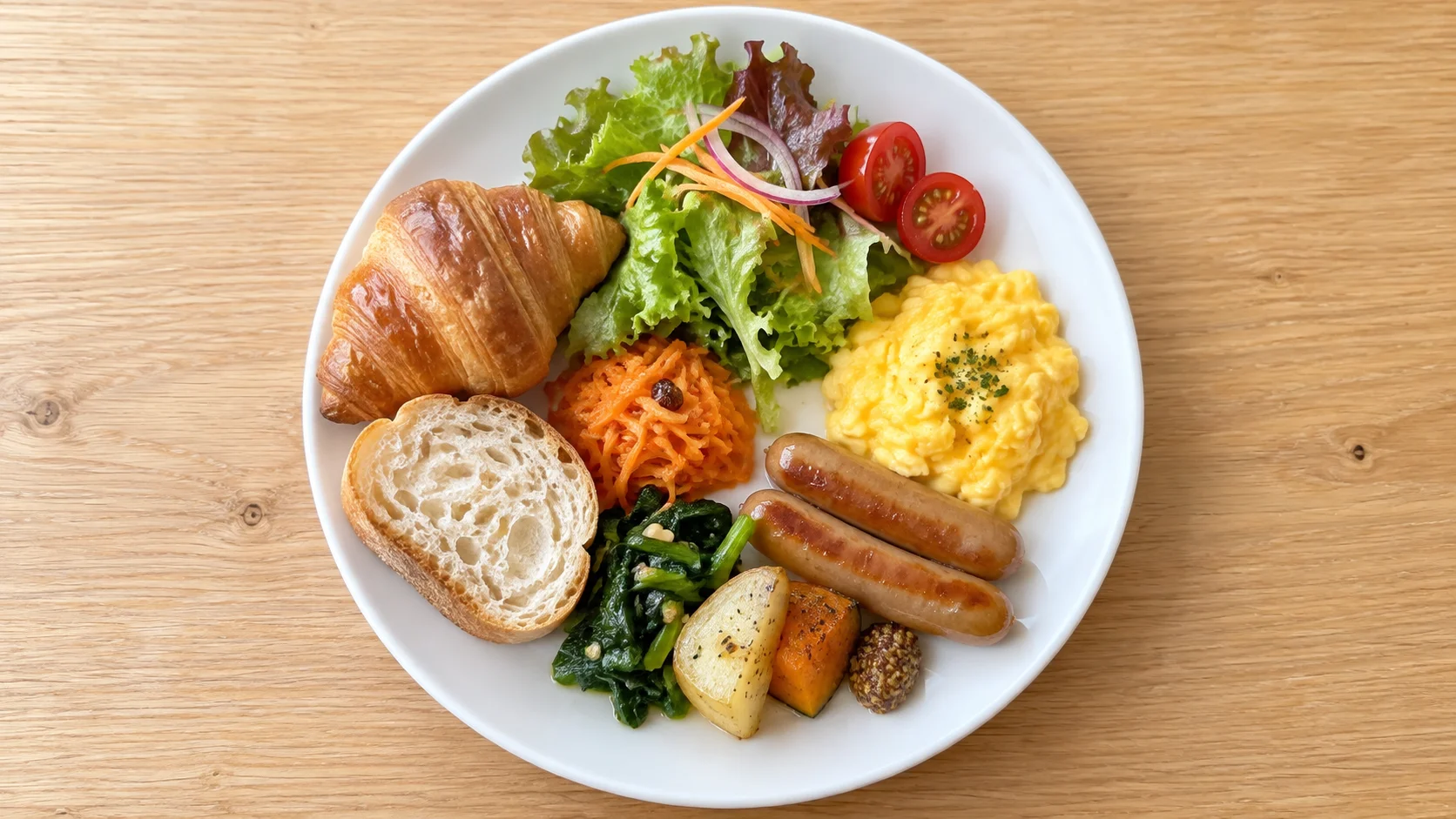 朝食ビュッフェで取り分けたパンと卵とサラダの1皿