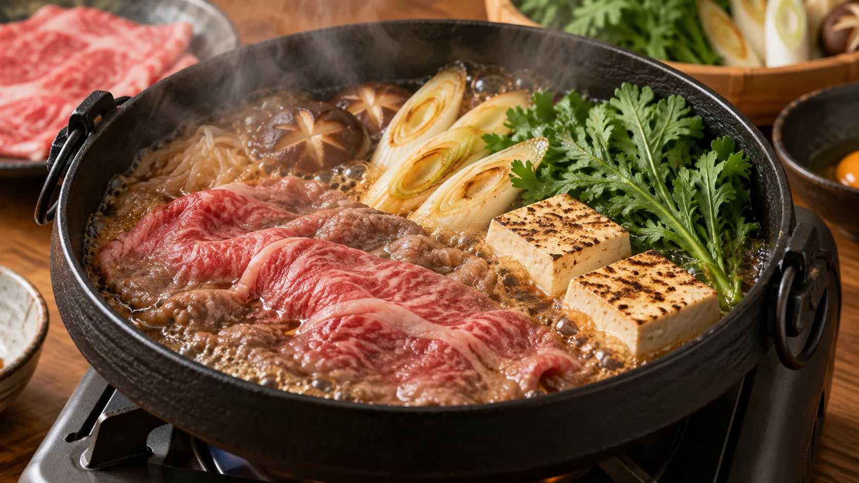 鉄鍋で煮える霜降り牛肉のすき焼き