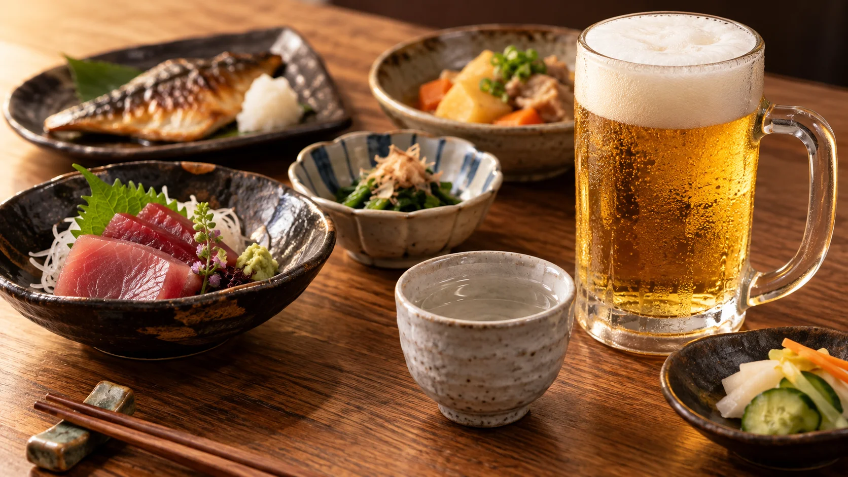 夕食のテーブルに並ぶ生ビールと日本酒と小鉢の料理