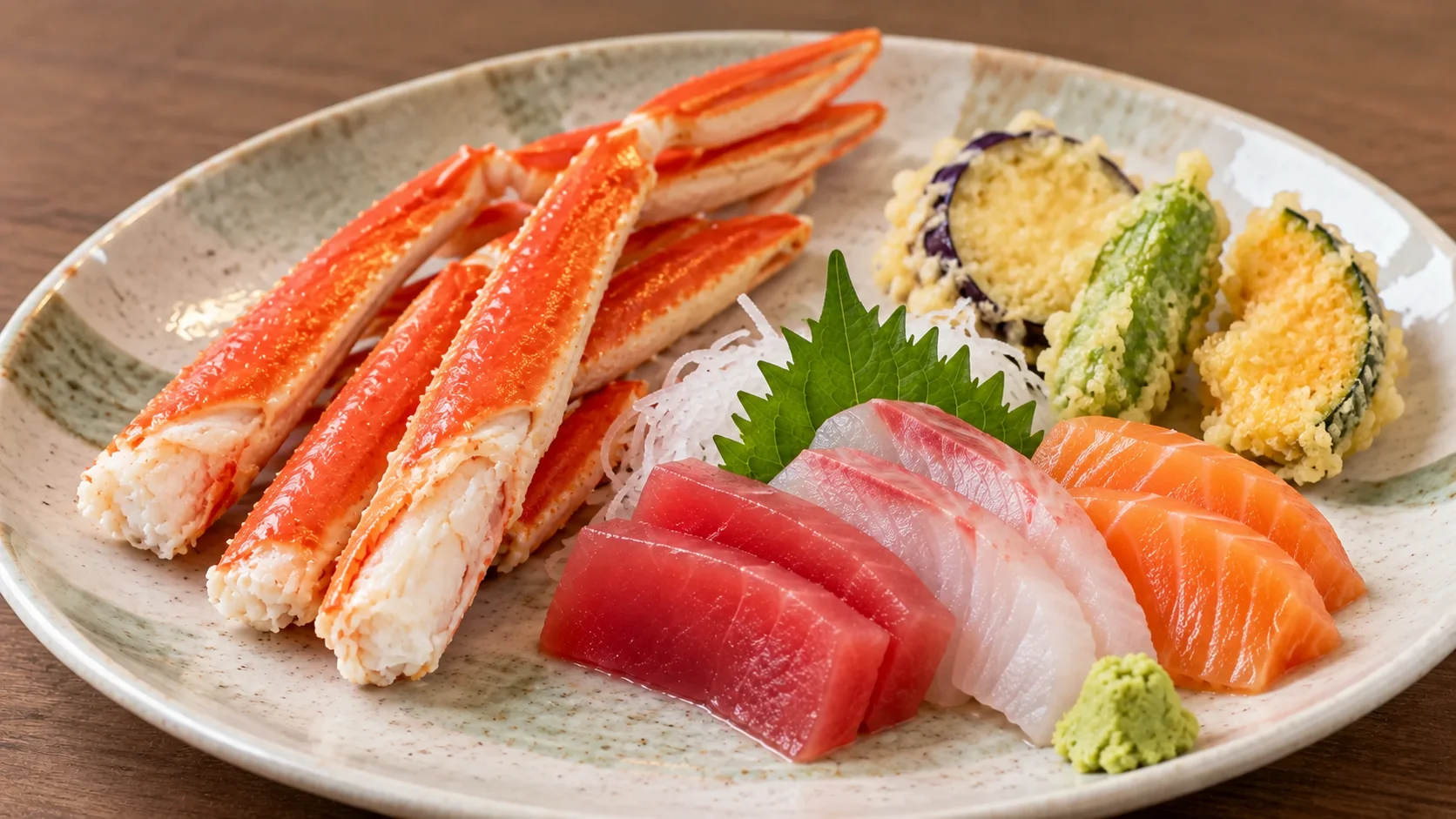 夕食のバイキングで取り分けたカニと刺身の皿