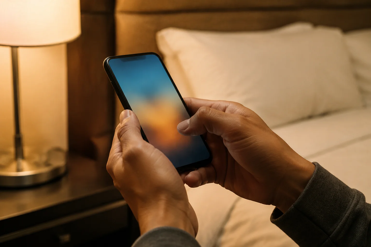 ホテルの客室で予約内容をスマートフォンで確認する手元