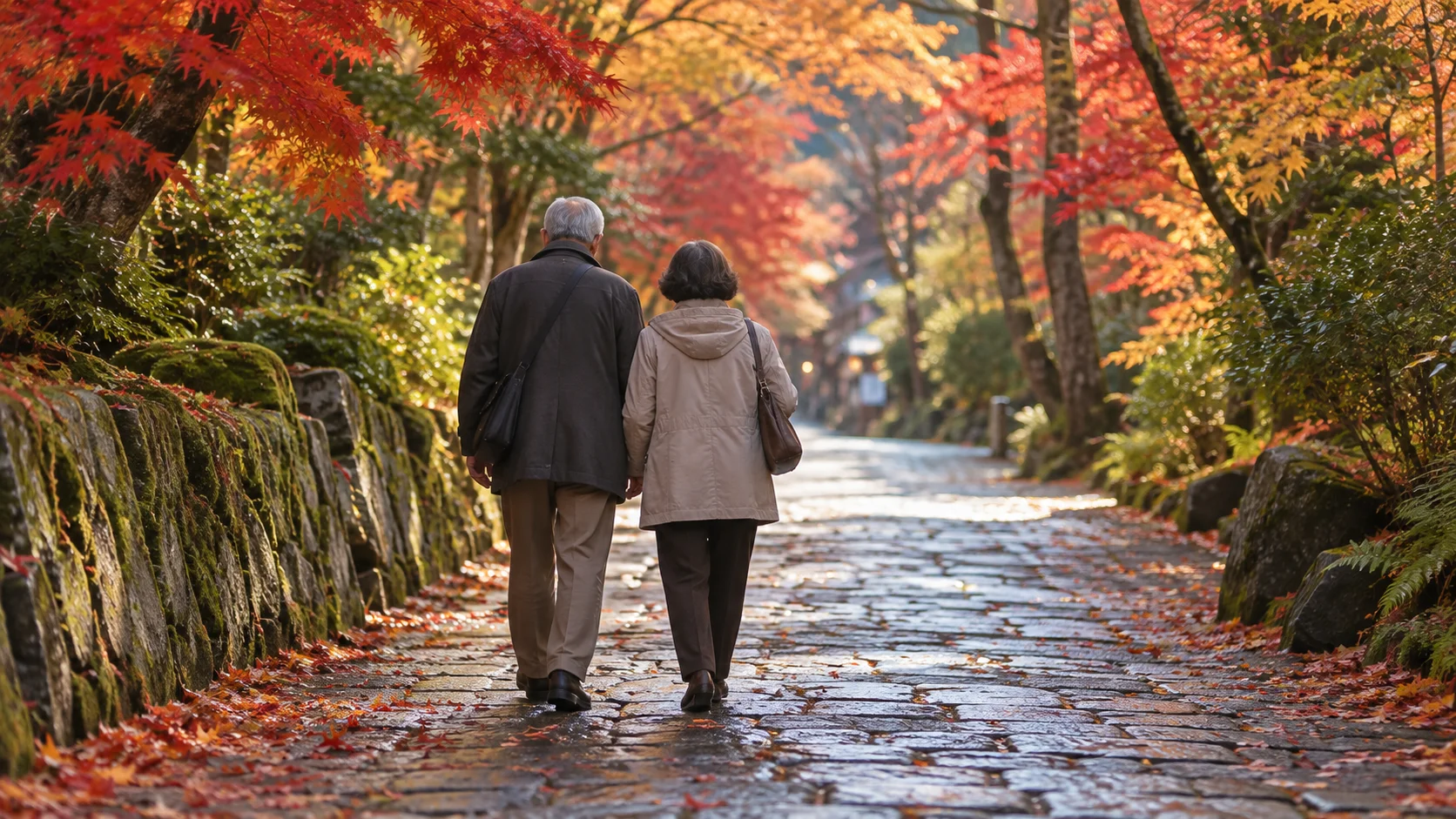 紅葉の温泉街を並んで歩く2人の後ろ姿