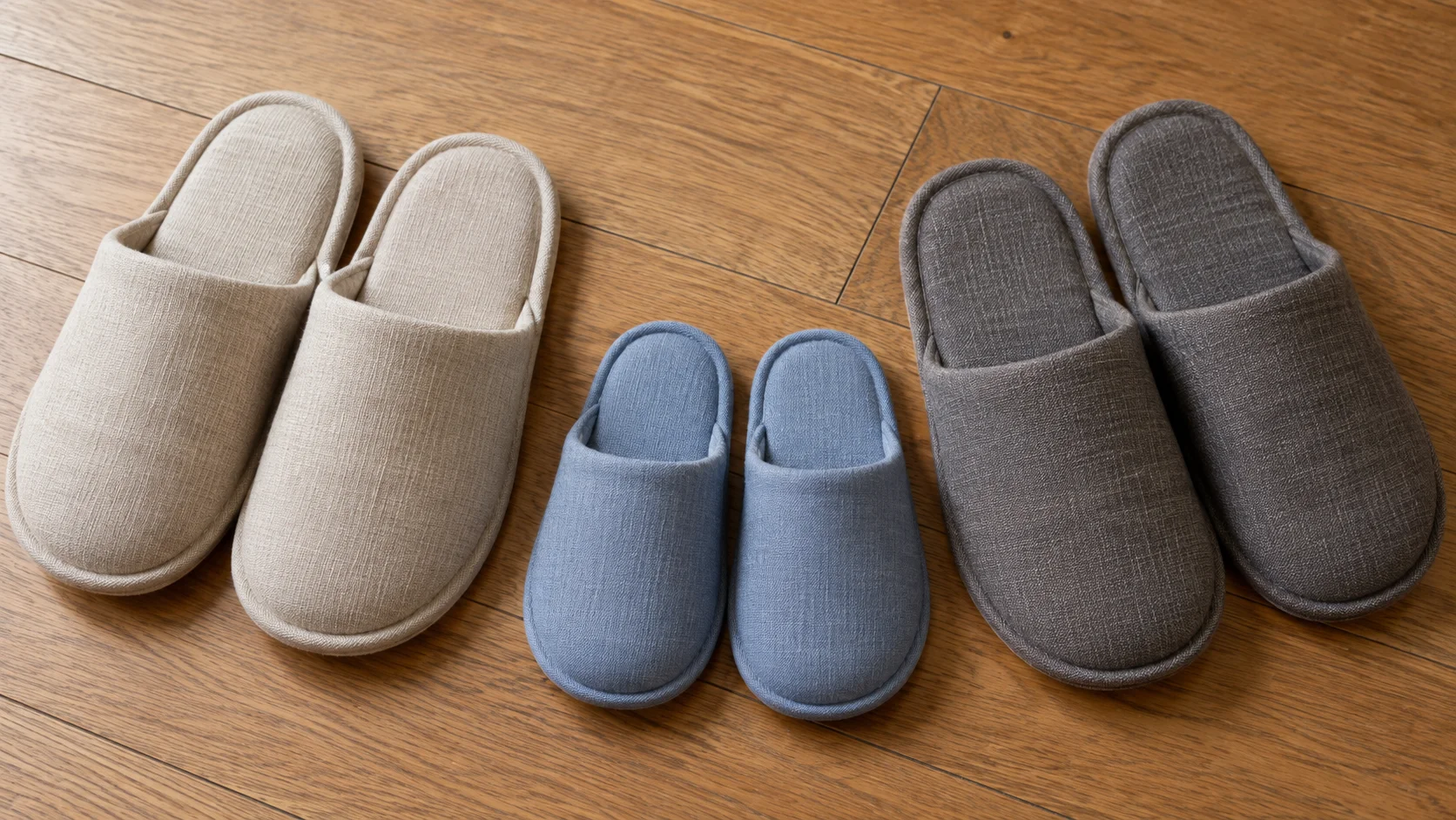 木の床に並んだ大人用と子ども用の布スリッパ