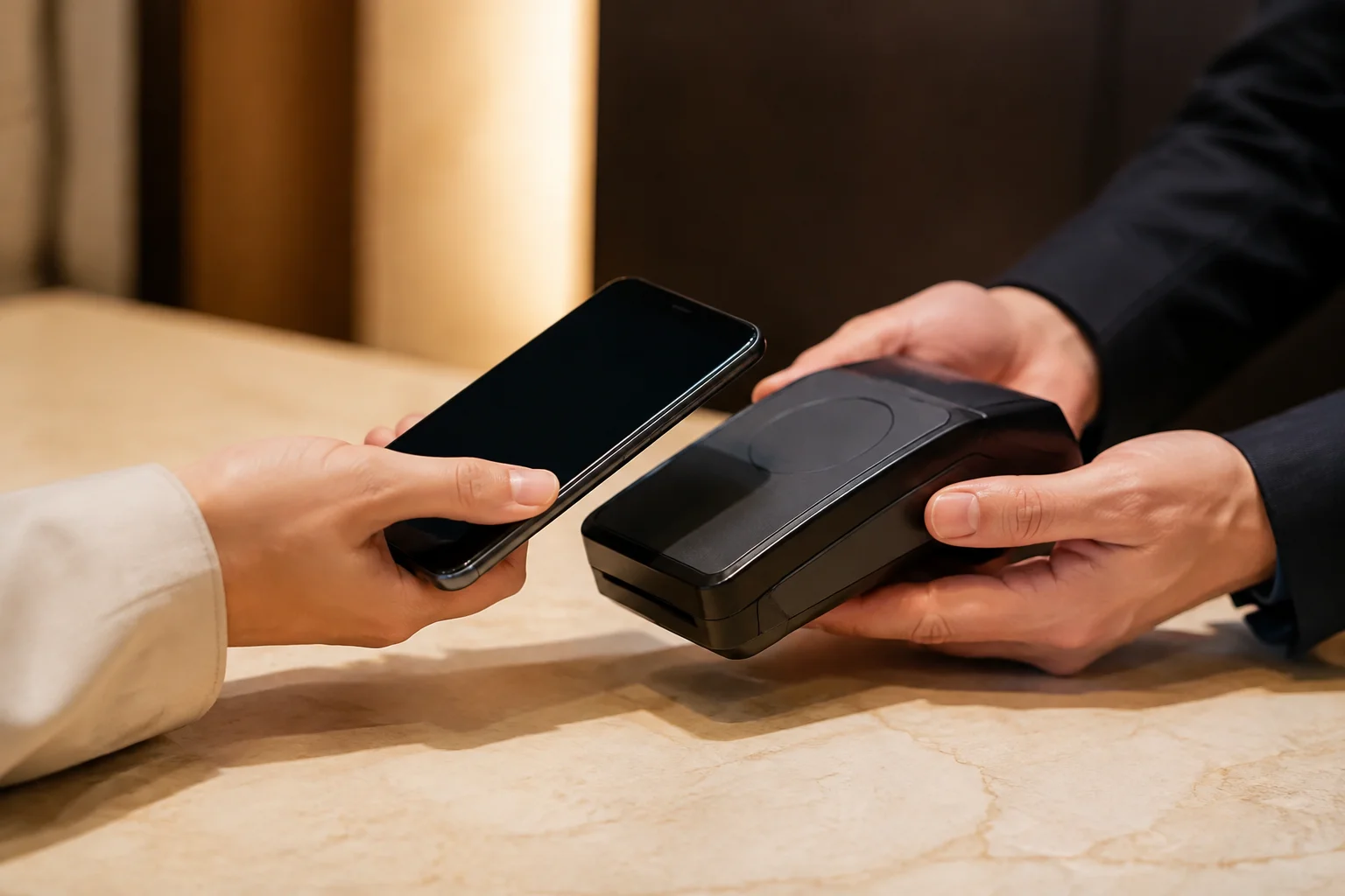 ホテルのカウンターでスマートフォンをかざして支払う手元
