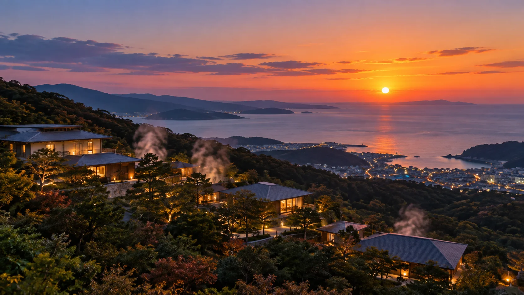 高台の温泉リゾートホテルを夕景で遠くから写した風景