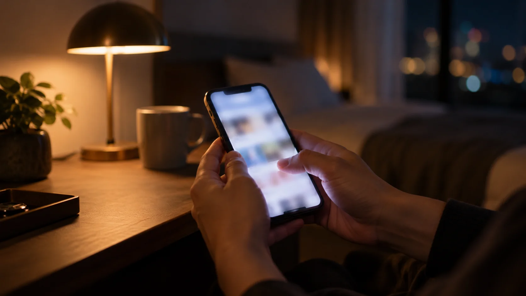 夜の部屋で日付が変わるのを待ちながらスマートフォンを持つ手元