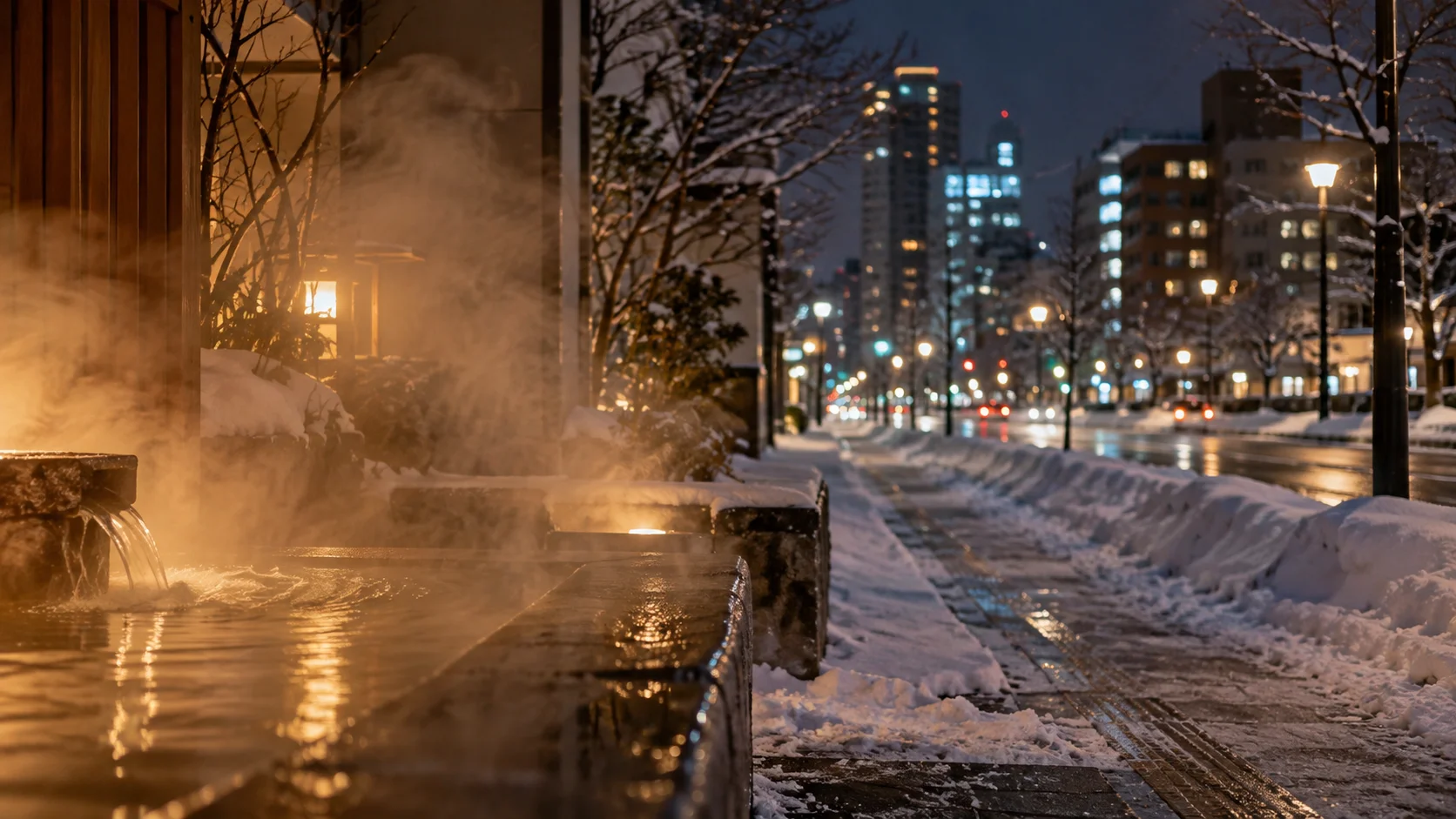 夜の札幌の街並みと立ちのぼる湯けむり
