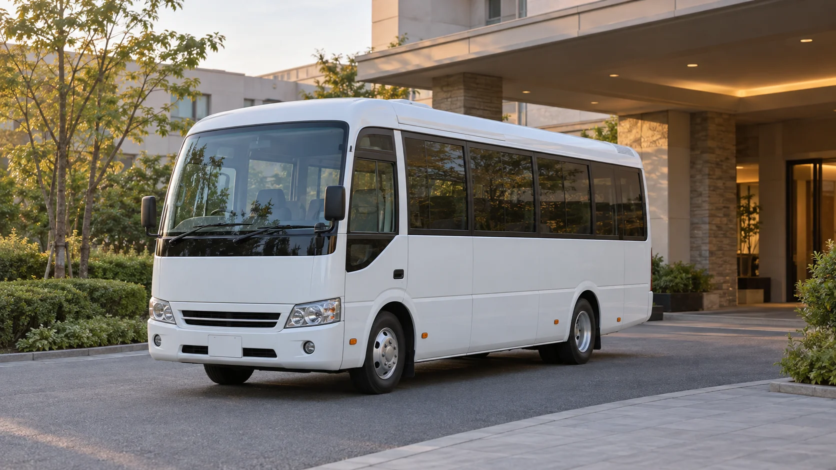 朝のホテル前の車寄せに停まるシャトルバス