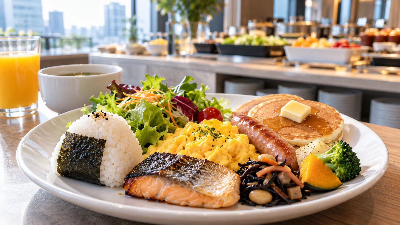 都会のホテルの朝食ビュッフェで皿に取った和食と洋食