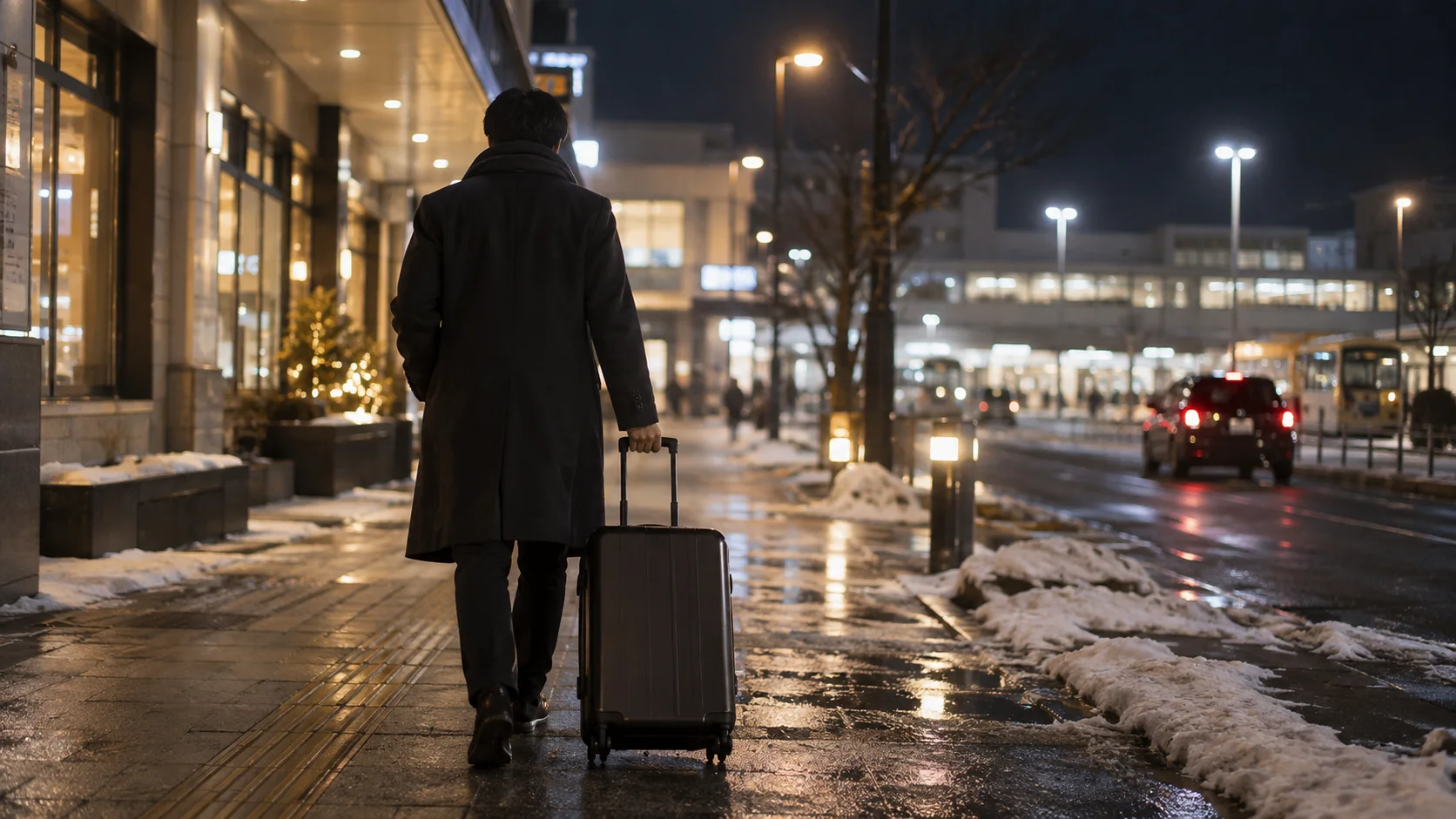 年末の夜、駅前の通りをスーツケースを引いて歩く後ろ姿