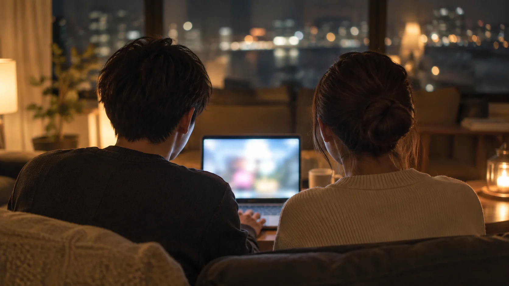 予約の画面を前に考え込む若い二人の後ろ姿