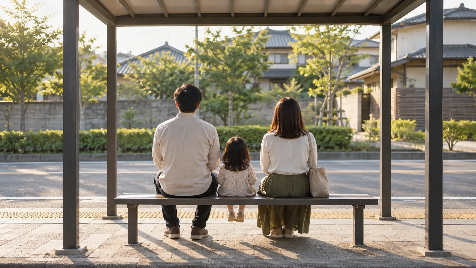 バス停で待つ家族の後ろ姿と朝の光