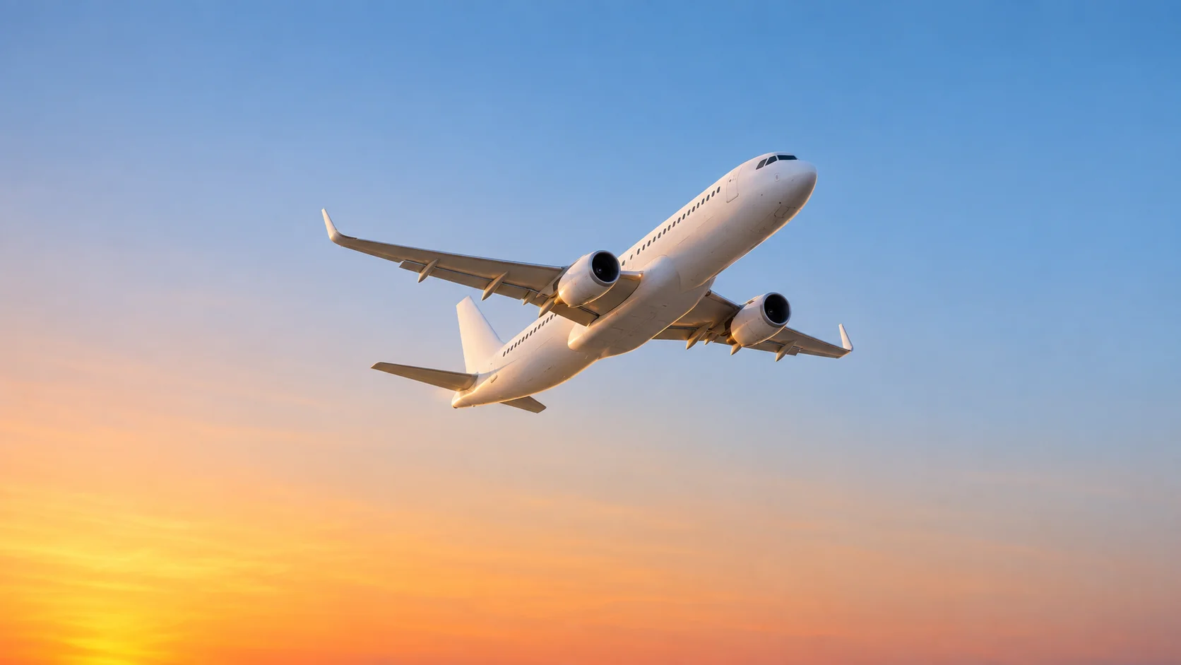 朝焼けの空へ上がっていく旅客機