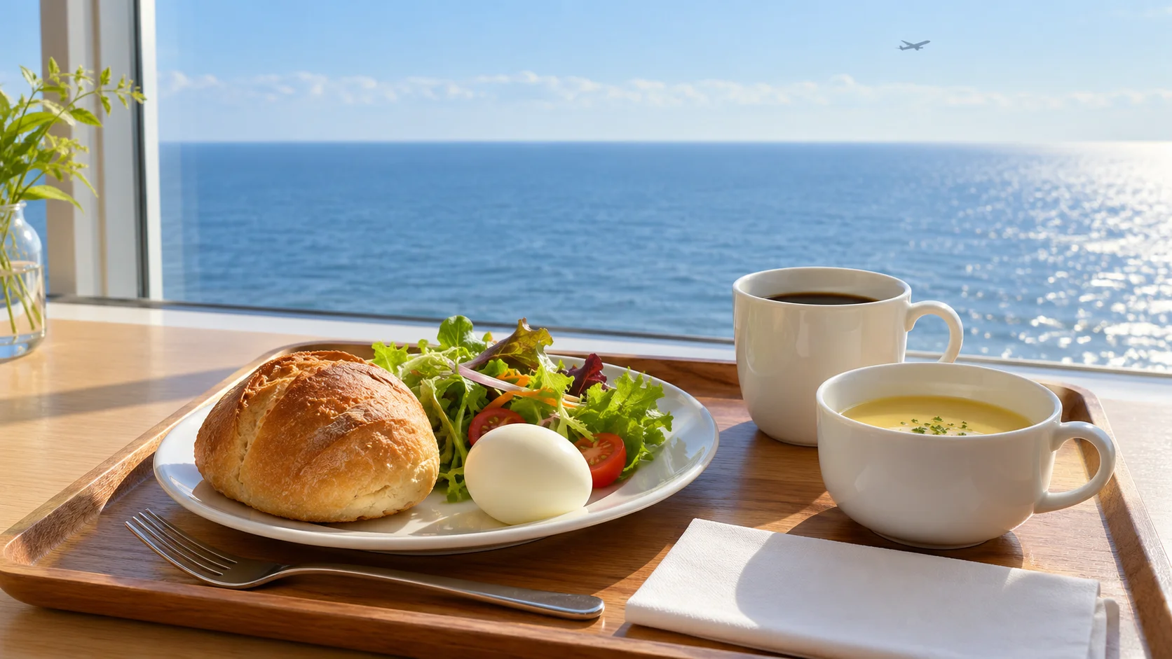窓際の席に置かれた朝食のトレーと海の見える窓