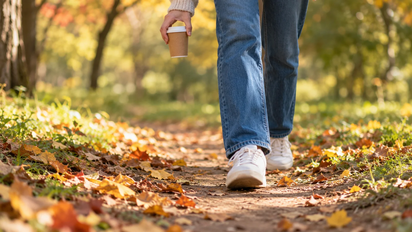 秋の公園の小道を紙コップのコーヒーを持って歩く人の足元