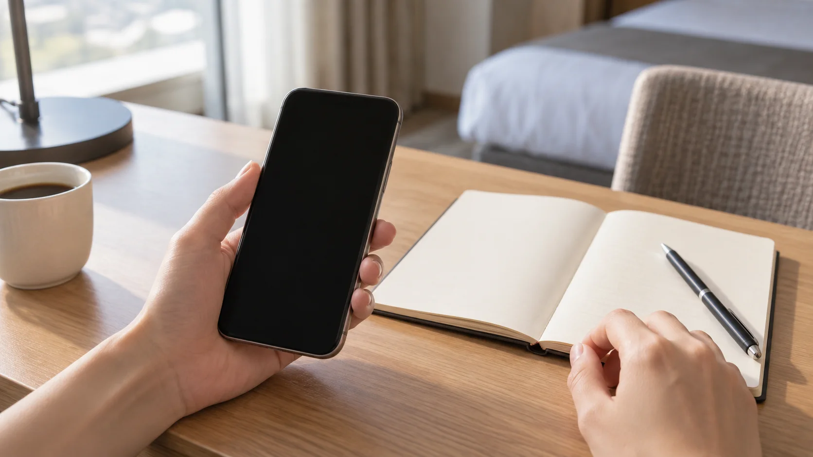 スマートフォンを手に手帳を開いたホテルのデスク