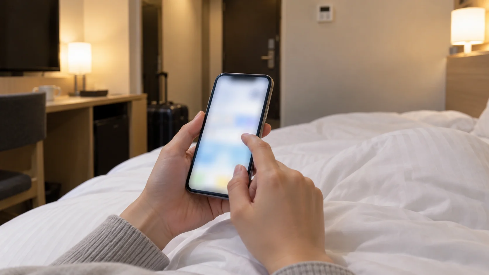 ベッドの上でスマートフォンの料金画面を見比べる手元