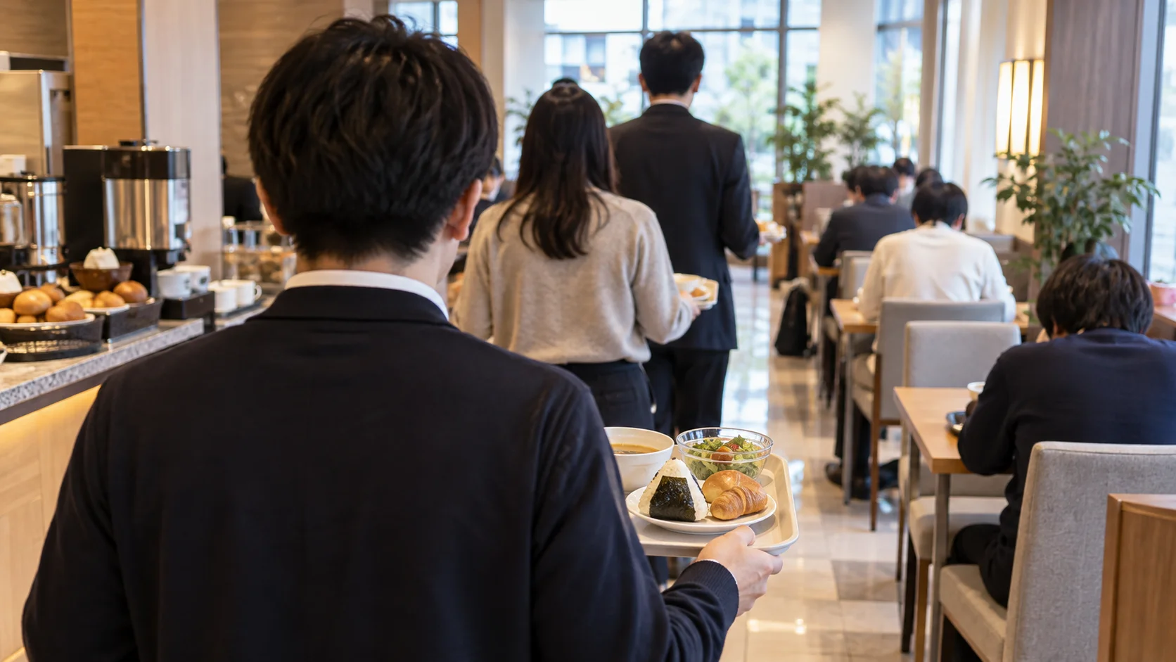 混み合う朝のホテルのロビーで朝食を運ぶ人の後ろ姿