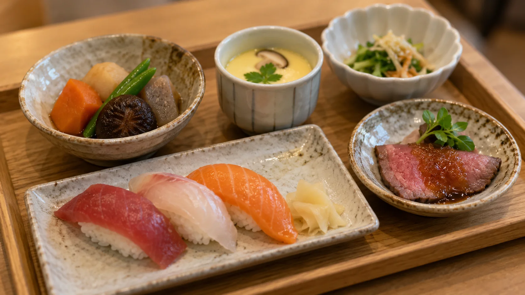木のトレイに並んだ小鉢とにぎり寿司