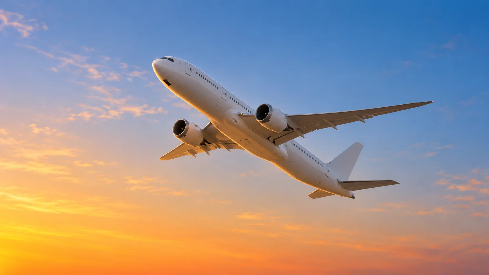 夜明けの空へ上がっていく旅客機