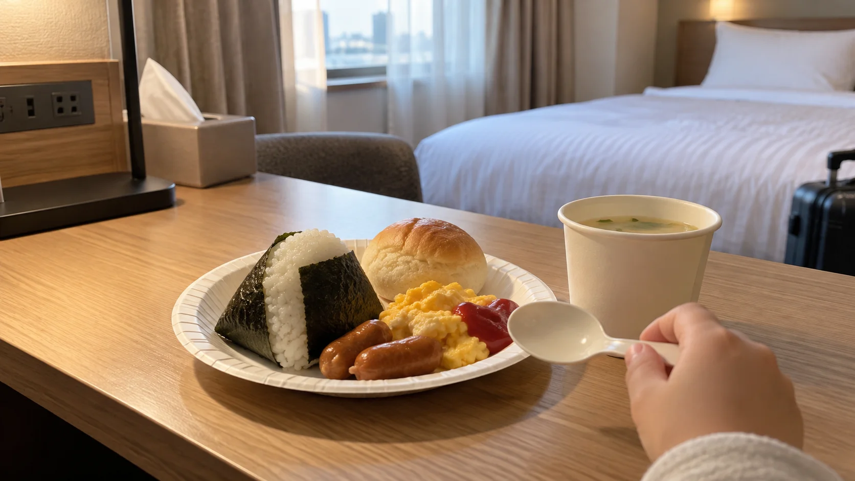 ホテルの客室の机で朝食を前にした子どもの手元