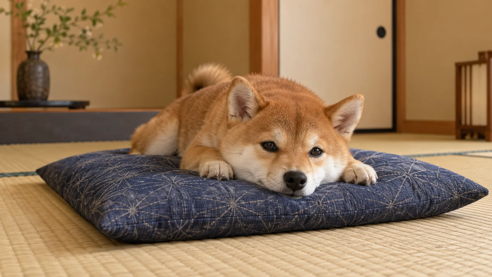 和室の座布団の上でくつろぐ小型犬