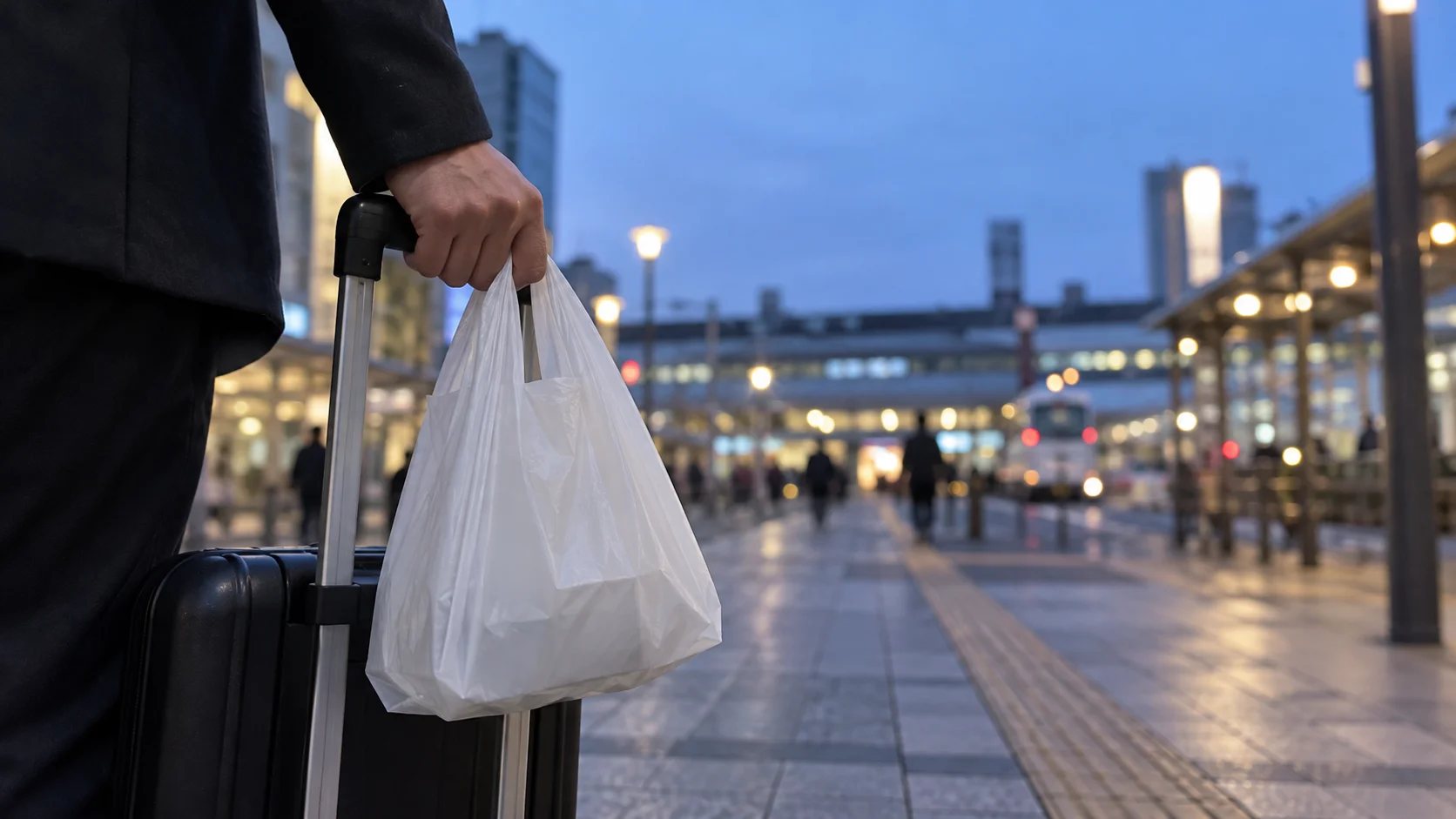 早朝の駅前でコンビニの袋を持つ手元