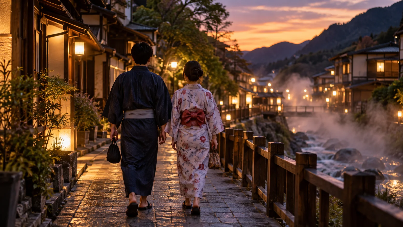 夕暮れの温泉街を歩く二人の後ろ姿