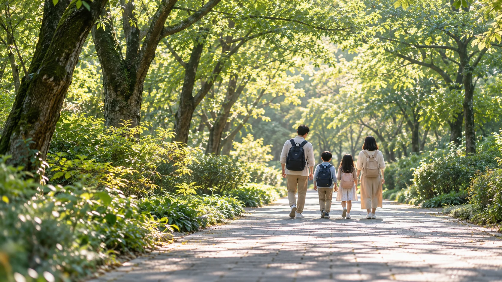 朝の光が差す並木道を歩く家族の後ろ姿